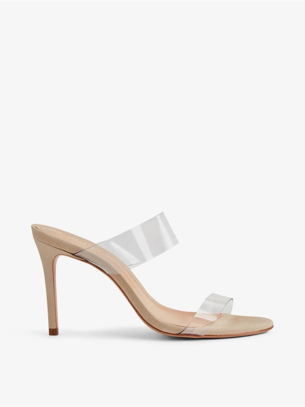 Schutz Ariel’s Clear Strap Suede Heels in Beige